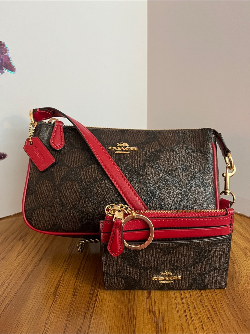 Coach Brown Signature Crossbody with Red Leather Trim